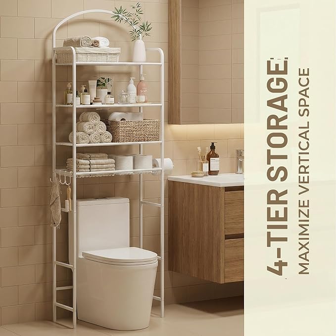 4-Tier Over The Toilet Storage, Bathroom Organizer, Space-Saving, Above Toilet Storage Rack with 4 Hooks and Paper Holder, Metal Shelf, White