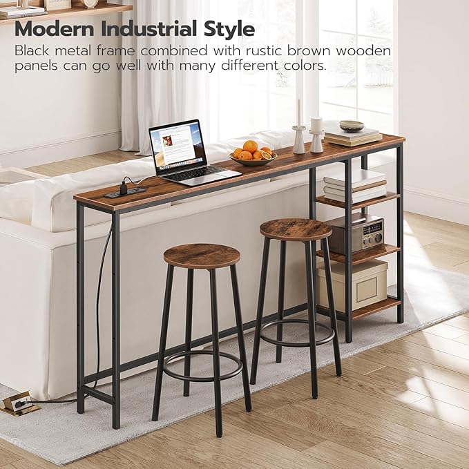 HOOBRO Console Table with Power Outlet, 63" Behind Sofa Table with Shelves, Narrow Entryway Table with Storage, Couch Table for Living Room, Hallway, Rustic Brown and Black BF164UXG01