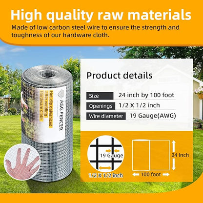 24inch x 100ft Hardware Cloth 1/2 inch Chicken Wire Fencing 19Ga, Hot Dipped Galvanized After Welding Garden Plant Supports Welded Metal Chicken Wire Fence Poultry Animal Netting Cage Screen