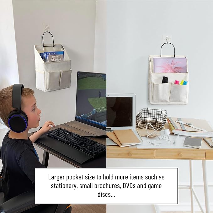 2pcs Wall Hanging Storage Bag, Small Door Closet Linen Fabric Pockets Organizer, Waterproof Multi Functional for Living Room Bedroom Bathroom Kitchen RV Camper with Hooks All White