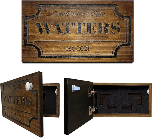 Bellewood Designs Customizable Hidden Gun Storage Wall Decor - Hidden Gun Safe with Family Name & Est Date - Magnetic Locking Concealment Shelf - Gun Concealment Furniture (Provincial)