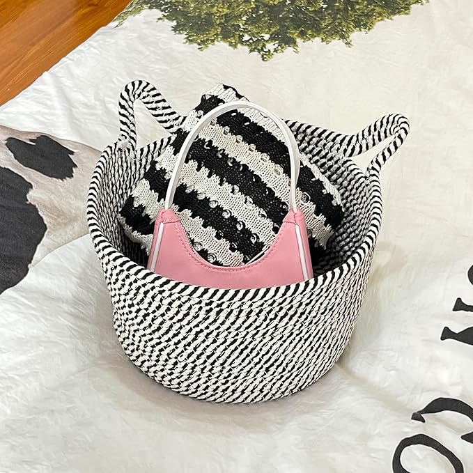 Small Woven Baskets | Mini Storage Bins | Cotton Rope Baby Nursery Organizers | Cute Round Cat Ears Basket for Organizing Desk Decor Kids Toy Dog Cat Baby Girls Gifts-Set of 3(Black white)