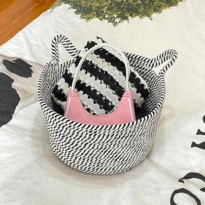 Small Woven Baskets | Mini Storage Bins | Cotton Rope Baby Nursery Organizers | Cute Round Cat Ears Basket for Organizing Desk Decor Kids Toy Dog Cat Baby Girls Gifts-Set of 3(Black white)