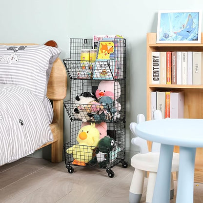 Sonyabecca Outdoor Toy Storage Basket, Play Kitchen Organizer with 5 S-Hooks,3 Tier Rolling Storage Cart Garage, Pantry Floor Snack Cart with Wheels,Toy Shelf Dog Storage Organizer Kids Bookshelf