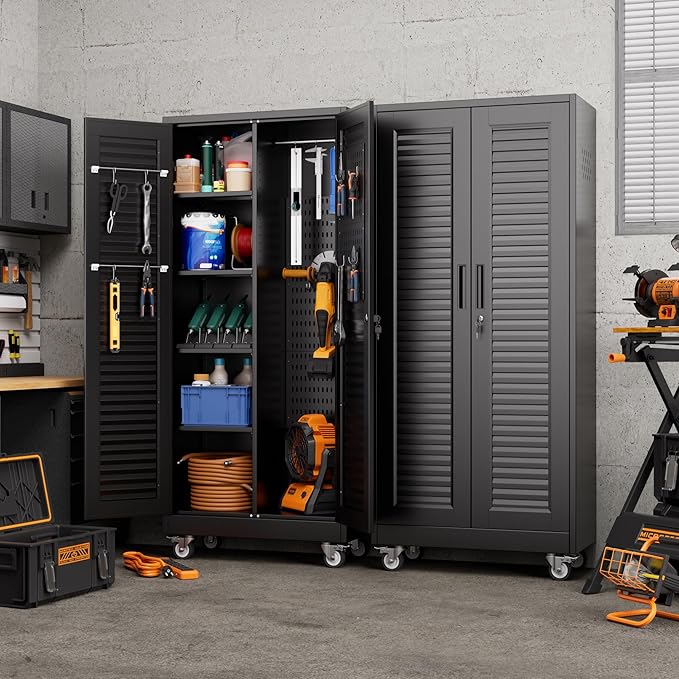 Mop and Broom Closet Storage Cabinet with Wheels and Pegboard,Metal Garage Storage Cabinet with Doors and Adjustable Shelves for Garage Home,Required Assembly,Black