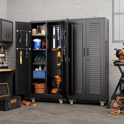 Mop and Broom Closet Storage Cabinet with Wheels and Pegboard,Metal Garage Storage Cabinet with Doors and Adjustable Shelves for Garage Home,Required Assembly,Black