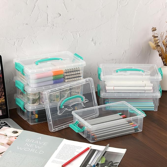 BTSKY 6-Pack Large Stackable Pencil Boxes with Handles, Transparent Pencil Case with Latching Lids & Clasp, Plastic Pencil Box Stationery Organizer Box Ideal for Craft Pen Art Office Supply, Green
