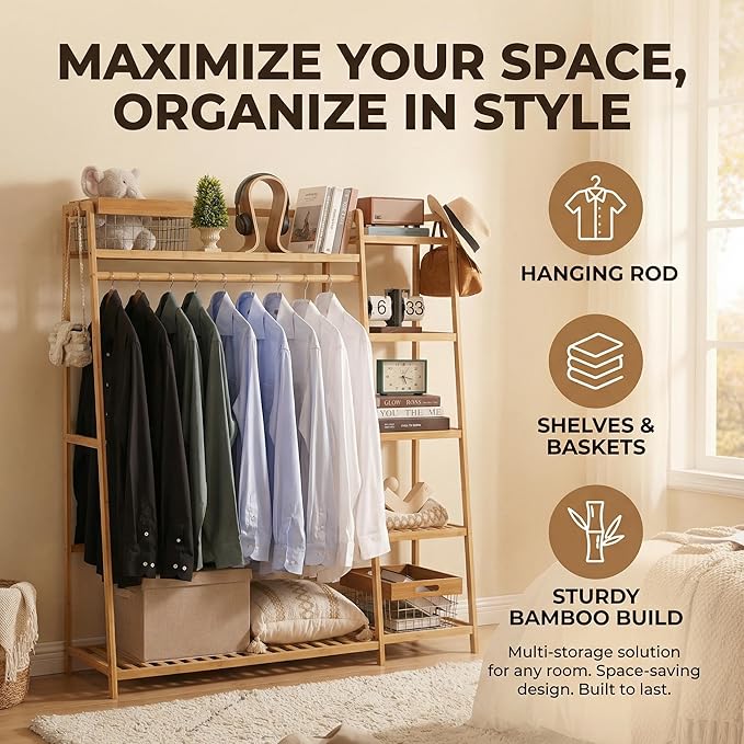 Bamboo Clothing Garment Rack 7 Tier Storage Shelf Coat Clothes Hanging Rack, Portable Wardrobe Closet Organizer With Top Shelf, Shoe Storage Shelves for Bedroom (Natural - 51.18 in)