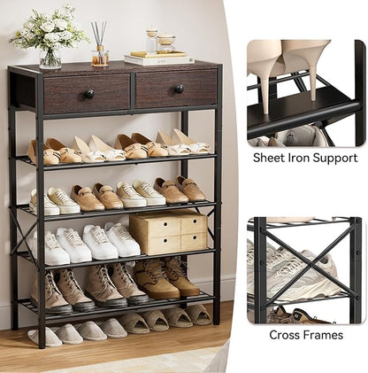 Shoe Rack for Entryway, 5 Tier Shoe Organizer with 2 Non-Woven Drawers, Metal Storage Shoe Shelf for 16-20 Pairs of Shoes, with Wooden Top and Steel Frame, Shoe Stand for Closet Dark Brown