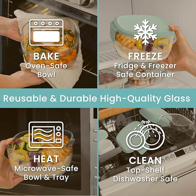 Bentgo Glass Salad Container - 7.6-Cup Salad Bowl with Airtight Lid, Leak-Proof Sauce Container, 4-Compartment Bento Tray & Reusable Fork - BPA-Free for Meal Prep, Office & More (Coastal Seaglass)