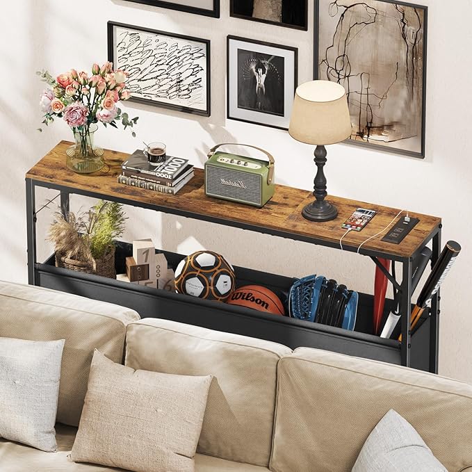 Console Table, Narrow Sofa Table, 47.2" Behind Couch Table with Power Station, Entrance Table, for Living Room, Hallway, Entryway, Foyer, Rustic Brown