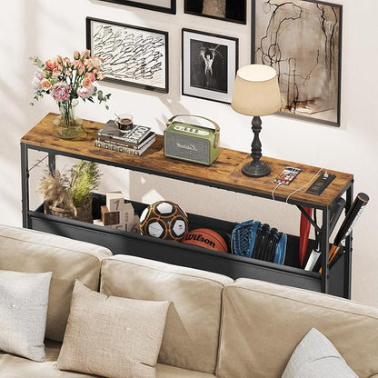 Console Table, Narrow Sofa Table, 47.2" Behind Couch Table with Power Station, Entrance Table, for Living Room, Hallway, Entryway, Foyer, Rustic Brown