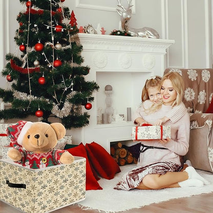 Vintage Winter Snowflake Neutral Christmas Storage Bin Box with Handles, Rustic Holiday Winter Christmas Foldable Organizer Basket Toybox for Home Bedroom Bathroom Clothes Toys Books
