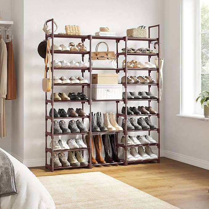 WOWLIVE 9 Tiers Shoe Rack Shoe Storage Shoe Organizer 30-35 Pairs Shoe Tower Unit Shelf Durable Metal Pipes with Plastic Connectors Stackable Cabinet Brown