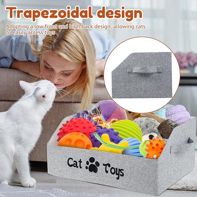 Cat Toy Bin, Large Capacity Cat Toy Basket, Foldable Fabric Dog Toy Storage Box, Trapezoid Pet Supplies Organizer Boxes with Handles, Pet Toy Basket for Cat Dog Toys Snacks Clothes(grey,Style 2)