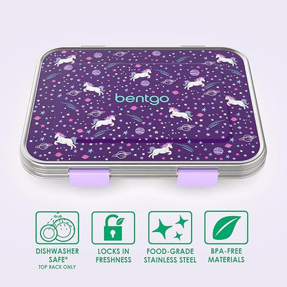 Bentgo Kids Stainless Steel Prints Leak-Resistant Lunch Box - 3-Compartments with Bonus Silicone Container, Durable, Eco-Friendly, Dishwasher Safe, BPA-Free, Ideal for School, Ages 3+ (Unicorn)