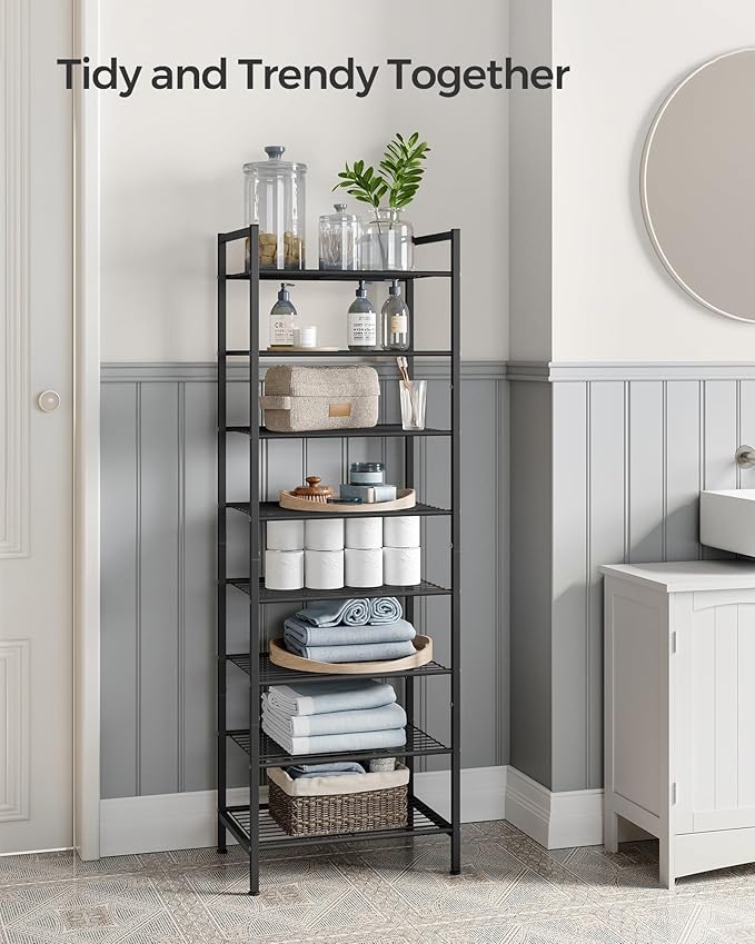 SONGMICS Narrow Shoe Rack, Sturdy 8 Tier Metal Tall Shoe Rack Shelf, Slim Shoe Storage Organizer for Closet Entryway Small Spaces, Vertical Shoe Stand Tower for 18 Pairs Shoes, Easy Assembly, Black