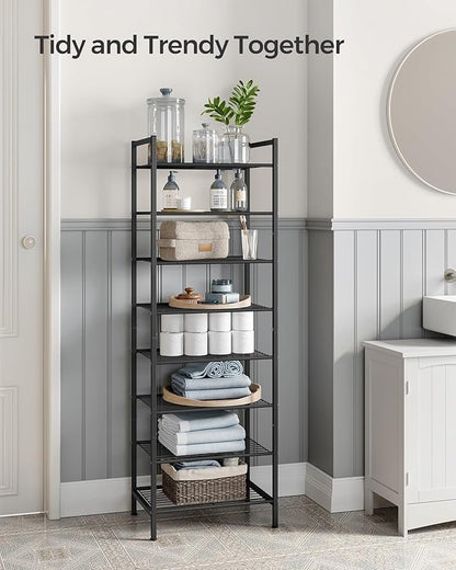 SONGMICS Narrow Shoe Rack, Sturdy 8 Tier Metal Tall Shoe Rack Shelf, Slim Shoe Storage Organizer for Closet Entryway Small Spaces, Vertical Shoe Stand Tower for 18 Pairs Shoes, Easy Assembly, Black