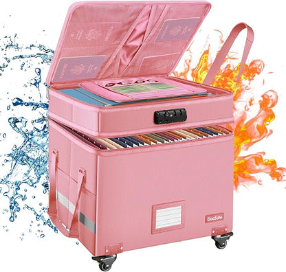 DocSafe File Box with Lock,2-Layer Fireproof Document Box with Wheels,Collapsible Rolling File Storage Organizer with Pockets,Large Portable Home Office Filing Cabinet Safe for Hanging Folders,Pink