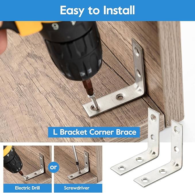 HOME MASTER HARDWARE 2 inch L Bracket Corner Brace Sets, Stainless Steel Corner Bracket, Joint Right Angle Brackets with Screws for Shelves Wood Furniture Frame(20 Pack)