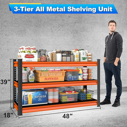 3-Tier Garage Shelving Heavy Duty,48" W Metal Shelving Unit for Garage,1600lbs Load Capacity Utility Rack Shelves & Shelves,48" W x 18" D x 39" H(Red)