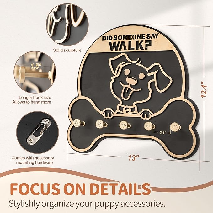 MTERSN Dog Leash Holder for Wall - Decorative Key Organizer and Leash Holder Wall Mount with 5 Dogs Paw Print Hooks for Dogs Leashes,Coat,Toys- Dog Accessories Organizer for Rustic Home Decor