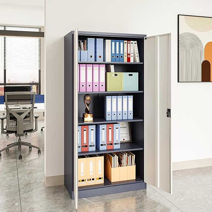 Metal Storage Cabinet with 2 Doors and 4 Adjustable Shelves, 71" Steel Garage Storage Cabinet, Locking Tool Cabinets for Office, Home,School,Kitchen,Garage Tool Utility Cabinet