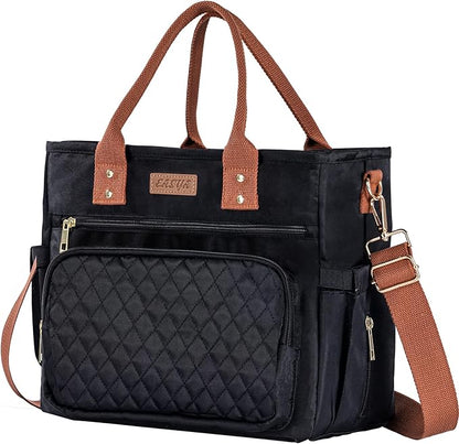 Large Women Lunch Bags for Work Insulated/Insulated Adult Lunch Box for Women/Durable Nylon Thermal cooler Bag /Leakproof Cooler Tote Bag with Storage Pocket(Newly upgraded Noir Black Brown strap)