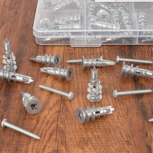KURUI Metal Self Drilling Drywall Anchors, 116PCs Shatter-Resistant Wall Anchors and Screws Kit, 58 Heavy Duty Sheetrock Anchors + 58#6 x 1-1/4'' Screws, Zinc Hollow Dry Wall Anchors 50LB Hanging