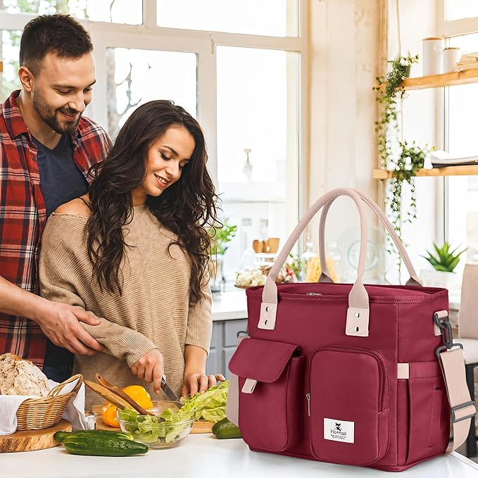 Hafmall Large Insulated Lunch Bag for Adults, Wide Opening Insulated Bag with Shoulder Strap,Loncheras para Mujer, Reusable Adult Lunch Tote Bag For Work, Picnic(Red)