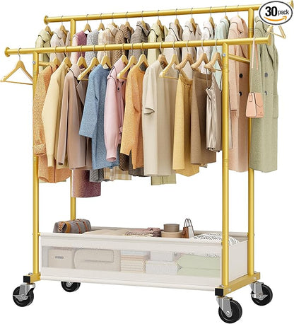 Clothes Rack, Double rods clothing rack, Clothing Racks for hanging clothes, Rolling clothes rack with Storage Basket & Heavy Duty Wheels, garment rack for Bedroom, Laundry Room, Gold