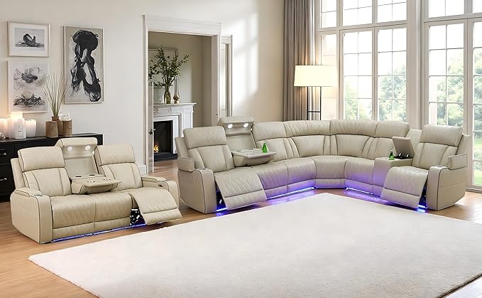 Brown Power Reclining Sectional Sofa, Leather Recliner Sectional Sofa, Power Recliner Couch Set With LED, Living Room Furniture Sets Adjustable Chair, Arm Storage & Cup Holders for Home/Office