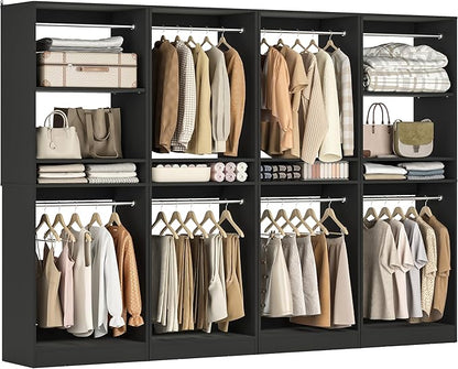 Unikito 100 Inch Large Closet System, 8.3FT Wood Closet Organizer Kit with 8 Hanging Rods, Adjustable Walk in Wardrobe Closet Tower, Sturdy Luxury Clothes Garment Rack, Easy Assembly, Set of 4, Black