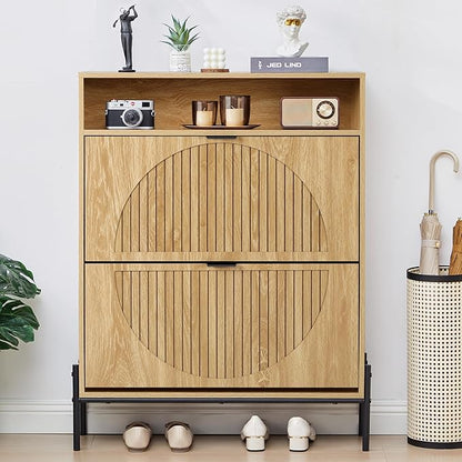 Fluted Shoe Cabinet with 2 Flip Drawers, Slim Freestanding Hidden Shoe Cabinet Organizer, Narrow Shoes Storage Rack for Entryway (All Natural-2 Drawers, 9.45" D x 31.5" W x 41.93" H)