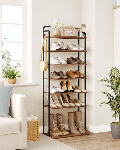 8 Tiers Widened Vertical Shoe Rack, Narrow Shoe Tower, Tall Shoes Shelf with 2 Hooks, Adjustable Shelves, Corner Shoes Shelves for Small Spaces, Entryway, Living Room, Rustic Brown SR12501B