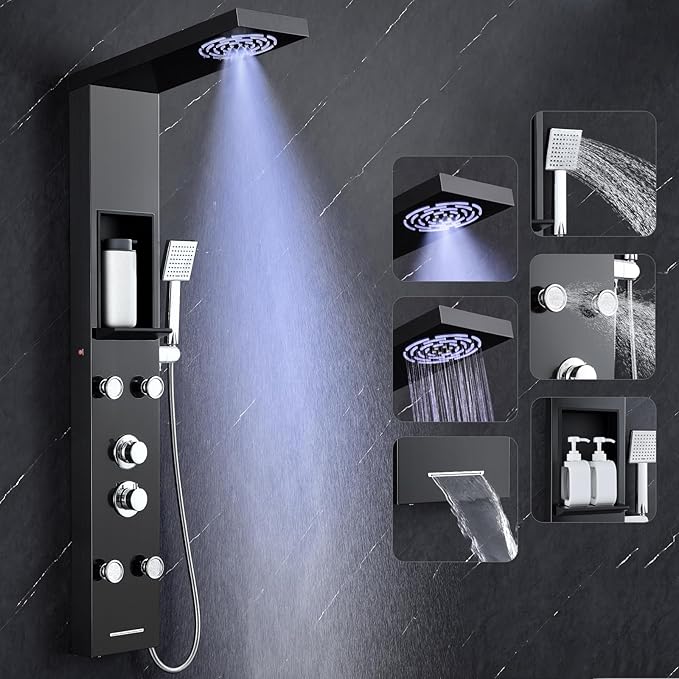 ROVOGO Led Shower Panel Tower System with Shelf, Rainfall & Mist Shower Head, Body Jets, Handheld and Tub Spout, Stainless Shower Column with Led Lights, Black