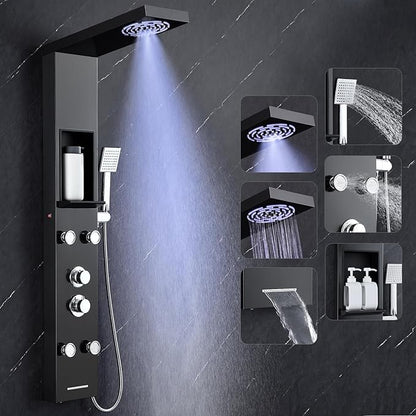 ROVOGO Led Shower Panel Tower System with Shelf, Rainfall & Mist Shower Head, Body Jets, Handheld and Tub Spout, Stainless Shower Column with Led Lights, Black