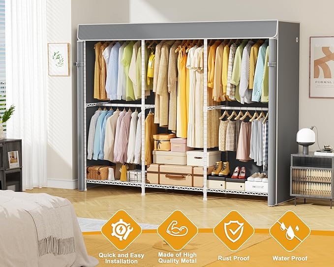 E14C Pro Heavy Duty Closet Organizer System，Freestanding Clothing Racks for Hanging Clothes，Adjustable Garment Rack 70.1"W × 16.6"D × 76.4"H Hold 960 lbs，White Rack with Grey Dustproof Cover