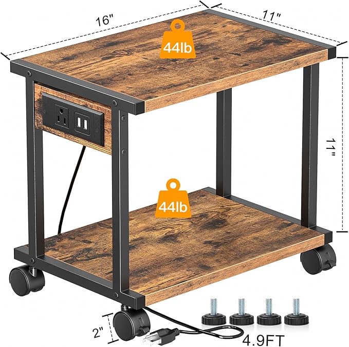2-Tier Printer Table with Charging Station for Home Office Organization - Small Stand with Wheels for Scanner, Under or Beside Desk Storage Cart - Rustic Brown