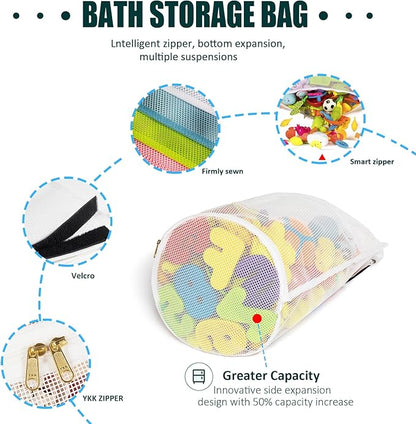 Large Capacity Baby Mesh Bath Toy Organizer, Multiple Ways to Hang, Extra Large Opening Bathroom Toy Storage, Bottom Zipper Bathtub Toy Storage Bag, Baby Shower Games bath Tub Accessory (White)