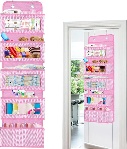 VERONLY Over The Door Hanging Organizer with 5 Large Pockets - Wall Mount Pantry Storage with 2 Big Metal Hooks for Baby Girl’s Diapers Closet, Bathroom, Nursery, Bedroom, Dorm, Baby, Kids Toys (Pink)