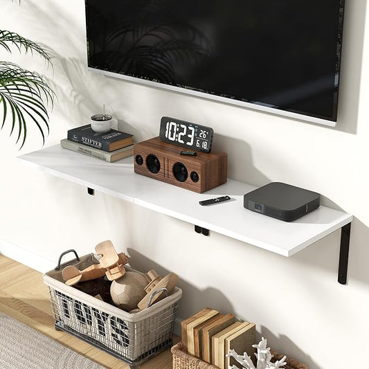 Fun Memories Floating Shelves for Wall, 12 Inch Deep Floating Shelves Set of 2, Wall Mounted Shelf with Metal Brackets, Rustic Wood Wide Shelf for Bathroom, Kitchen and Living Room, White, 24W x 12D