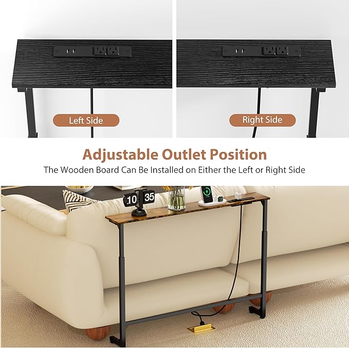 GRLEAF 45" Adjustable Height Narrow Console Table with Power Outlets, Long Sofa Table with Charging Station Behind Couch Table Skinny Entryway Table for Living Room, Hallway and Office – Black