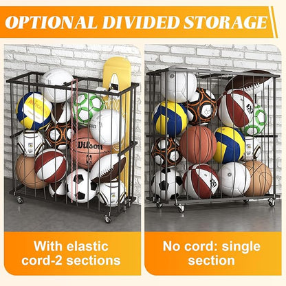 Large Garage Ball Storage, Rolling Floor Sports Equipment Organizer: Freestanding Ball Rack with Elastic Rope–, Ball Holder for Basketball, Soccer, Football, Volleyball, Garage, Gym, Black