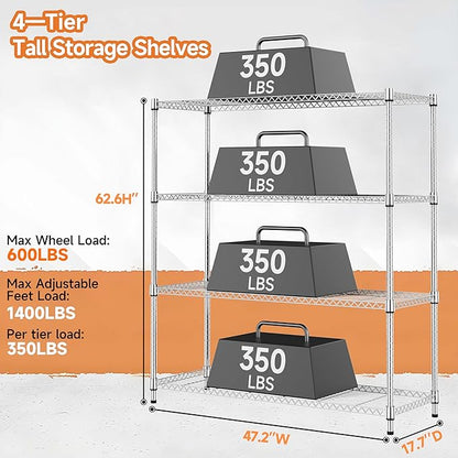 4 Tiers Storage Shelves Load 1400LBS, Metal Shelving Wire Metal Shelving Unit Shelves for Storage Adjustable Garage Shelving for Pantry Kitchen Garage Chrome 17.7" D x 47.3" W x 62.7" H