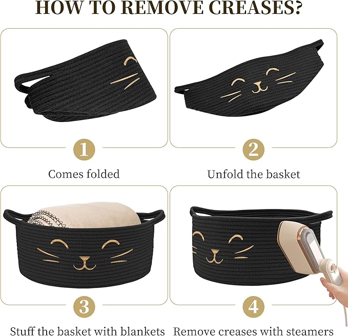 Large Cat Toy Basket - Gift Baskets Empty for Baby Shower Baby Baskets for Nursery Cute Woven Rope Storage Basket for Home Décor , Dog Toy Basket Black Boo Easter basket, 13" D x 6" H