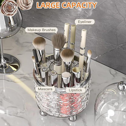 Makeup Brush Holder with Lid, 360° Rotating Cosmetic Tools Organizer with Cover, Dustproof Spinning Makeup Brush Organizer for Vanity, Ideal Gift for Girlfriend Wife Friends (Clear)
