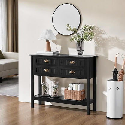 Yaheetech Console Table with 4 Drawers, Sofa Side Table with Bottom Open Storage Shelf, Heavy-Duty Entryway Tables for Hallway/Living Room, 39.5x14x32 inch, Black