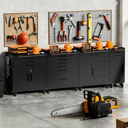Small Garage Storage Cabinet with Wheels, Metal Rolling Tool Cabinet with 2 Drawers and 1 Door, Heavy Duty Tool Cabinet with Workbench, Assembly Required, Black