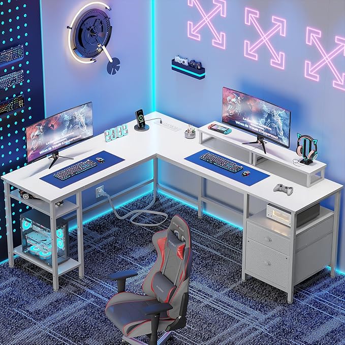 Furologee White 59” L Shaped Desk with Power Outlet, Reversible Computer Desk with File Drawer & 2 Monitor Stands, Corner Home Office Table with Storage Shelves for Gaming Writing